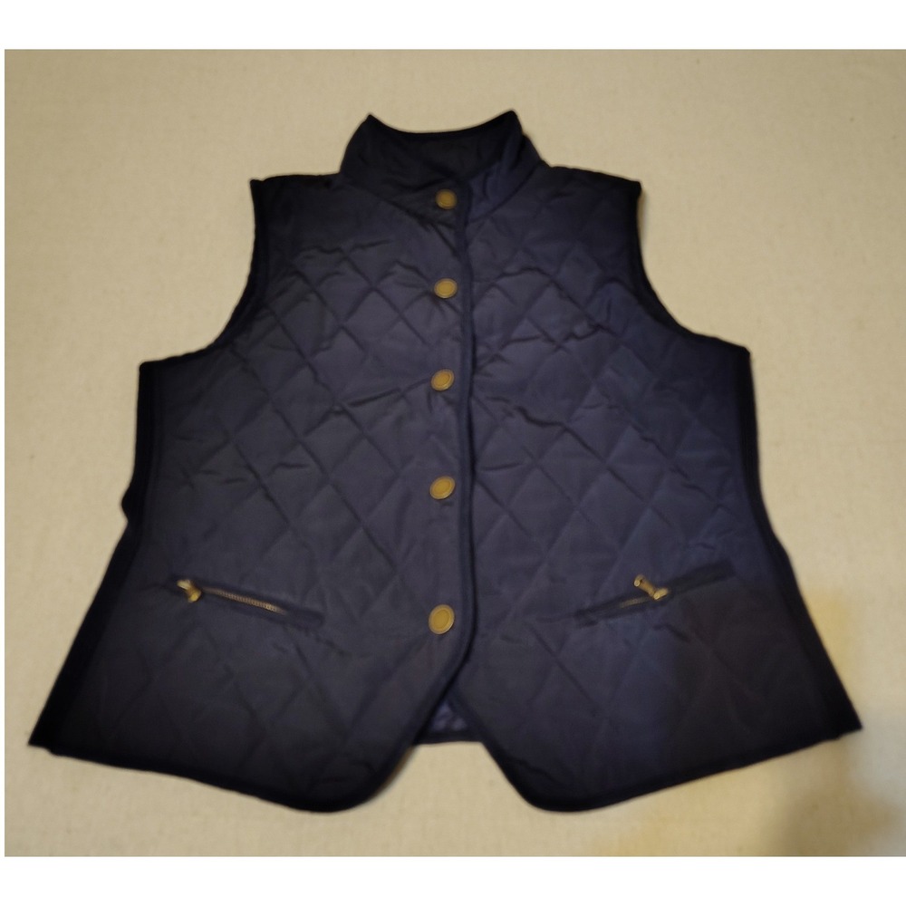 Talbots Petites Quilted Vest Navy Blue Button Front Zipper Pockets Petite S